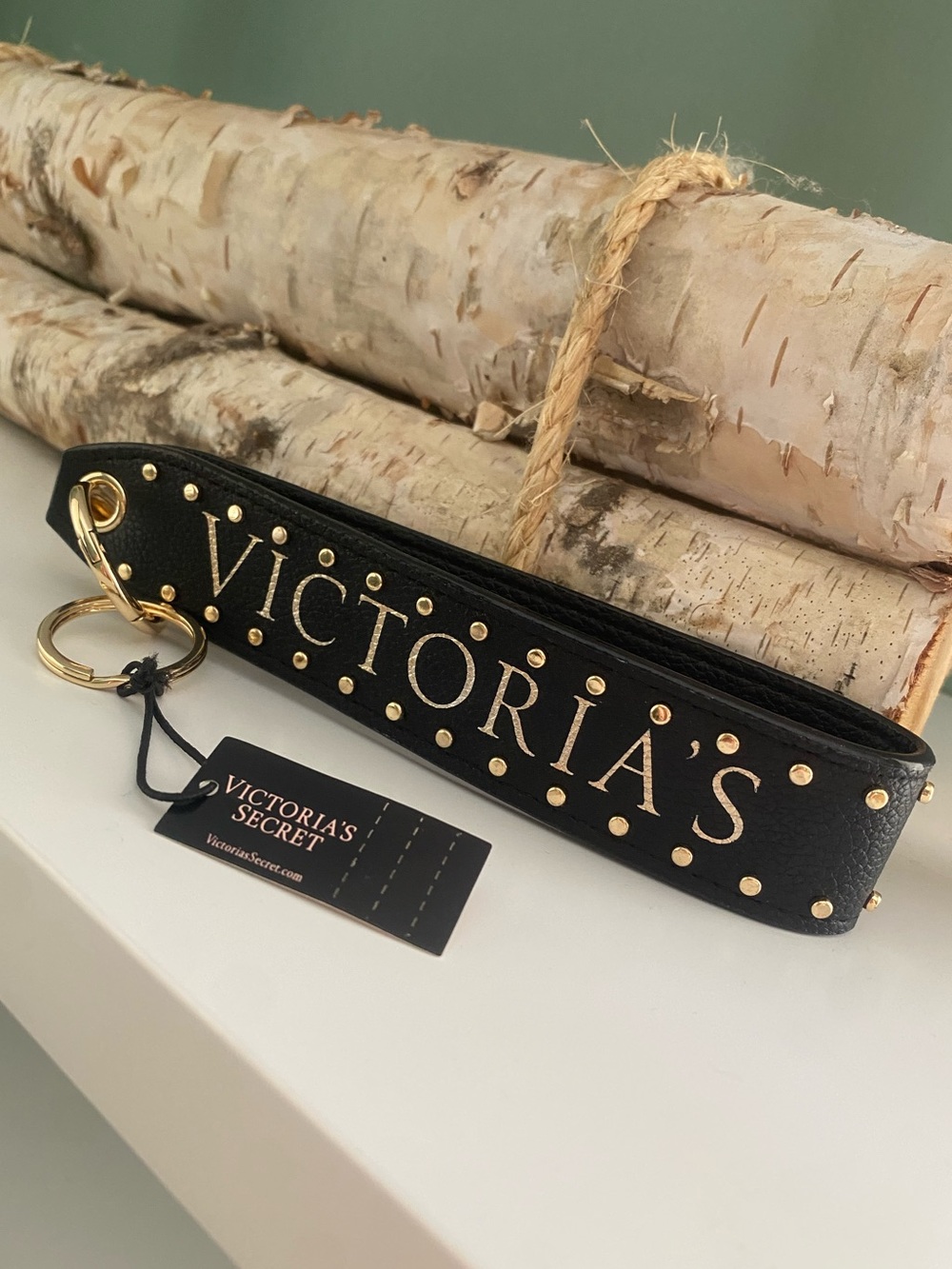 Victoria's Secret Black Leather Wrist Strap with Gold Studs & Logo